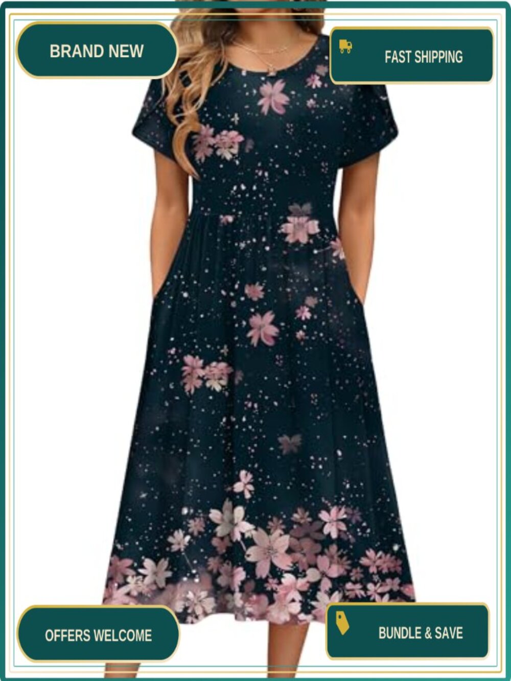 Women's Floral A-Line Midi Dress Short Sleeve Casual Summer Sundress with